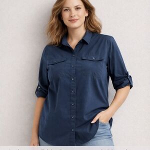 Eddie Bauer Women’s XXL Blue ButtonUp Shirt Roll‑Tab Sleeves Nylon‑Feel